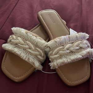 torrid Braided Fringe Slide Sandals in Tan and Cream